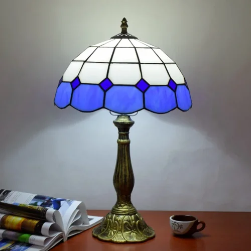 Настольная лампа Тиффани Mediterranean OFT805 Tiffany Lighting голубая белая 1 лампа, основание бронзовое коричневое металл в стиле тиффани орнамент средиземноморский фото 2