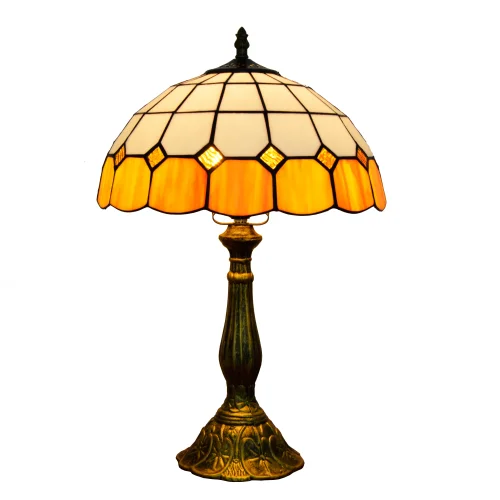 Настольная лампа Тиффани Mediterranean OFT804 Tiffany Lighting жёлтая белая 1 лампа, основание бронзовое коричневое металл в стиле тиффани орнамент средиземноморский