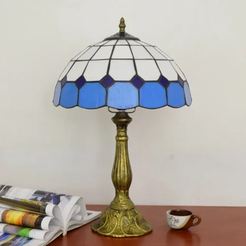 Настольная лампа Тиффани Mediterranean OFT805 Tiffany Lighting голубая белая 1 лампа, основание бронзовое коричневое металл в стиле тиффани орнамент средиземноморский фото 4