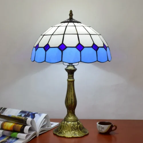 Настольная лампа Тиффани Mediterranean OFT805 Tiffany Lighting голубая белая 1 лампа, основание бронзовое коричневое металл в стиле тиффани орнамент средиземноморский фото 3
