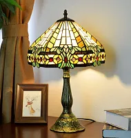 Настольная лампа Тиффани Ornament OFT837 Tiffany Lighting зелёная разноцветная жёлтая 1 лампа, основание коричневое металл в стиле тиффани орнамент