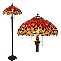 Торшер Тиффани Dragonfly OFRF1011 Tiffany Lighting стрекоза разноцветный оранжевый жёлтый красный 3 лампы, основание коричневое в стиле тиффани
