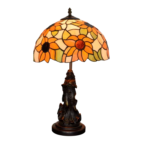 Настольная лампа Тиффани Sunflower OFT877 Tiffany Lighting разноцветная оранжевая зелёная белая 1 лампа, основание коричневое металл в стиле тиффани цветы девушка фото 5