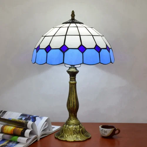 Настольная лампа Тиффани Mediterranean OFT805 Tiffany Lighting голубая белая 1 лампа, основание бронзовое коричневое металл в стиле тиффани орнамент средиземноморский фото 5