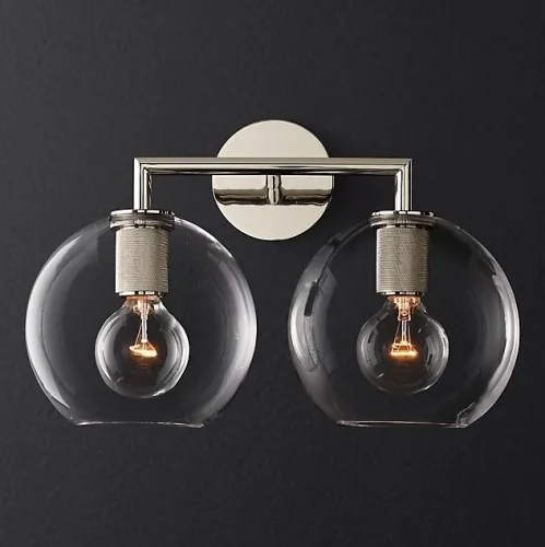 Бра RH Utilitaire Globe Shade Double Sconce Silver 123274-22 ImperiumLoft прозрачный на 2 лампы, основание никель в стиле лофт 