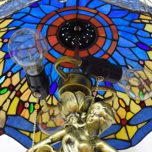 Настольная лампа Тиффани Dragonfly OFT929 Tiffany Lighting голубая разноцветная жёлтая 2 лампы, основание золотое металл в стиле тиффани стрекоза фото 6