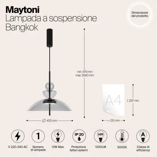 Светильник подвесной LED Bangkok MOD185PL-L11B3K3 Maytoni серый на 1 лампу, основание чёрное в стиле современный фото 7