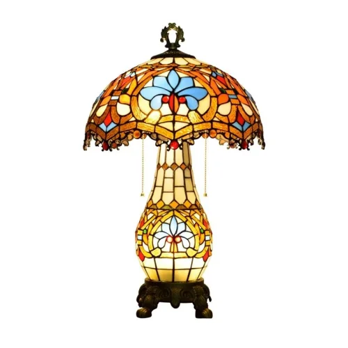 Настольная лампа Тиффани Petunia OFT953 Tiffany Lighting голубая разноцветная коричневая жёлтая 2 лампы, основание разноцветное коричневое стекло металл в стиле тиффани цветы
