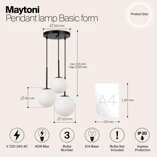 Светильник подвесной Basic form MOD321PL-03B Maytoni белый на 3 лампы, основание чёрное в стиле современный каскад шар фото 6