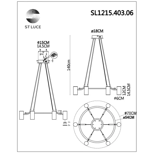 Светильник подвесной Talia SL1215.403.06 ST-Luce латунь 6 ламп, основание чёрное в стиле хай-тек  фото 4