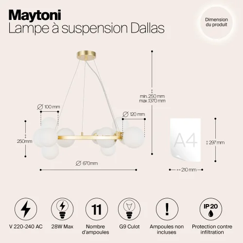 Люстра подвесная Dallas MOD545PL-11BS Maytoni белая на 11 ламп, основание золотое в стиле современный шар фото 8
