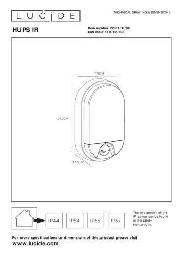 Настенный светильник уличный LED Hups Ir 22864/10/30 Lucide уличный IP54 чёрный на 1 лампу, плафон белый в стиле современный LED фото 2