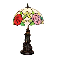 Настольная лампа Тиффани Flower OFT874 Tiffany Lighting разноцветная синяя красная зелёная 1 лампа, основание коричневое металл в стиле тиффани цветы девушка
