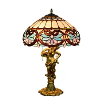 Настольная лампа Тиффани Petunia OFT931 Tiffany Lighting голубая разноцветная коричневая 2 лампы, основание золотое металл в стиле тиффани цветы орнамент
