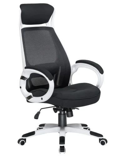 Офисное кресло для руководителей 109BL_White-LMR STEVEN WHITE, цвет белый пластик, чёрная ткань Dobrin, чёрный/сетка, ножки/металл/белый, размеры - 1210*1270***720*720 фото 2