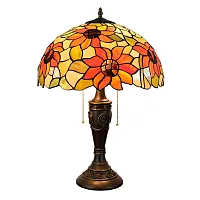 Настольная лампа Тиффани Sunflower OFT892 Tiffany Lighting разноцветная оранжевая жёлтая зелёная 2 лампы, основание коричневое полимер в стиле тиффани подсолнухи цветы