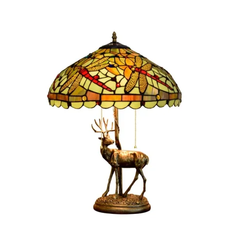 Настольная лампа Тиффани Dragonfly OFT907 Tiffany Lighting разноцветная красная зелёная 2 лампы, основание бронзовое металл в стиле тиффани стрекоза