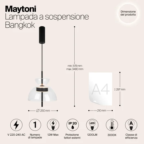 Светильник подвесной LED Bangkok MOD185PL-L6B3K2 Maytoni прозрачный на 1 лампу, основание чёрное в стиле современный фото 9