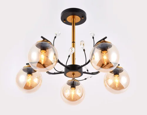 Люстра потолочная TR9072 Ambrella light янтарная на 5 ламп, основание чёрное в стиле современный лофт шар фото 2