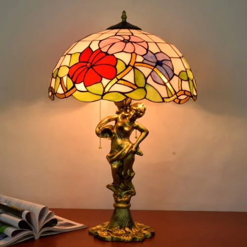 Настольная лампа Тиффани Flower OFT934 Tiffany Lighting разноцветная фиолетовая красная зелёная 2 лампы, основание золотое металл в стиле тиффани цветы фото 3