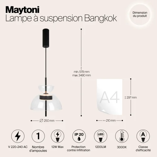 Светильник подвесной LED Bangkok MOD185PL-L6B3K2 Maytoni прозрачный на 1 лампу, основание чёрное в стиле современный фото 10
