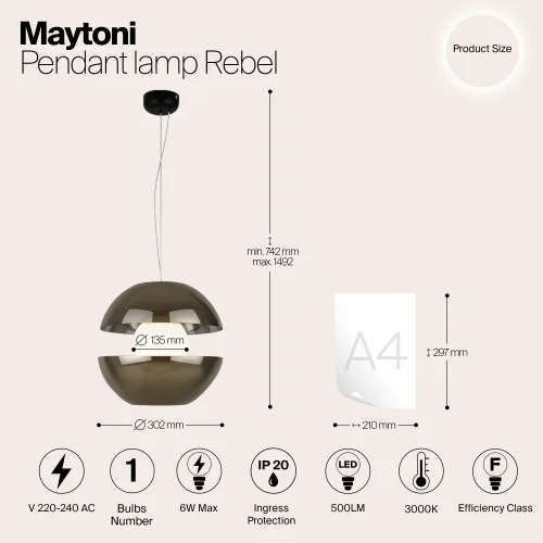 Светильник подвесной LED Rebel MOD322PL-L6G3K Maytoni серый на 1 лампу, основание чёрное в стиле фото 5