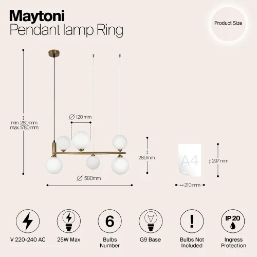 Люстра подвесная Ring MOD013PL-06BS1 Maytoni белая на 6 ламп, основание латунь в стиле современный шар фото 4
