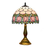 Настольная лампа Тиффани Tulip OFT812 Tiffany Lighting зелёная розовая 1 лампа, основание коричневое бронзовое металл в стиле тиффани цветы