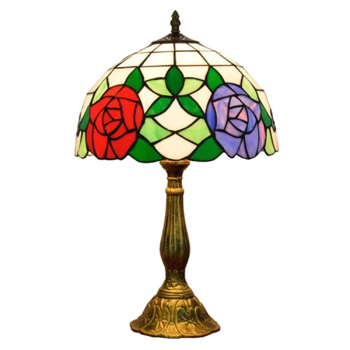 Настольная лампа Тиффани Rose OFT828 Tiffany Lighting зелёная белая красная синяя разноцветная 1 лампа, основание коричневое бронзовое металл в стиле тиффани цветы фото 6