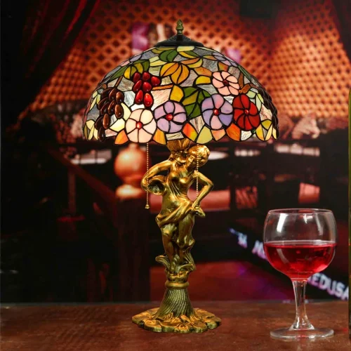 Настольная лампа Тиффани Grape OFT930 Tiffany Lighting разноцветная фиолетовая оранжевая красная зелёная 2 лампы, основание золотое металл в стиле тиффани цветы фото 3