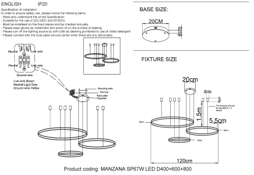 Люстра подвесная LED с пультом MANZANA SP67W LED D400+600+800 BLACK Crystal Lux белая на 1 лампу, основание чёрное в стиле современный с пультом кольца фото 4