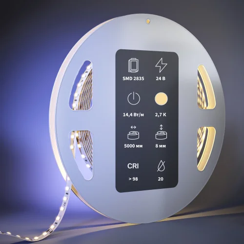 Светодиодная лента 24В 2835 14,4Вт/м 2700К 5м IP 20 201087 Maytoni цвет LED тёплый белый 2700K, световой поток 1080Lm фото 3