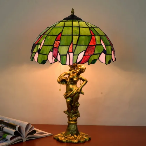 Настольная лампа Тиффани Rural Green OFT944 Tiffany Lighting разноцветная красная зелёная 2 лампы, основание золотое металл в стиле тиффани орнамент фото 3