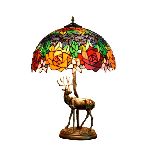 Настольная лампа Тиффани Rose OFT906 Tiffany Lighting разноцветная оранжевая красная зелёная 2 лампы, основание бронзовое металл в стиле тиффани цветы