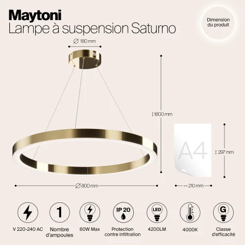 Светильник подвесной LED Saturno MOD415PL-L60BS4K Maytoni латунь на 1 лампу, основание латунь в стиле современный хай-тек кольца фото 5