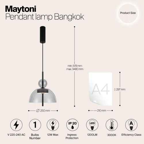 Светильник подвесной LED Bangkok MOD185PL-L11B3K1 Maytoni серый на 1 лампу, основание чёрное в стиле современный фото 6