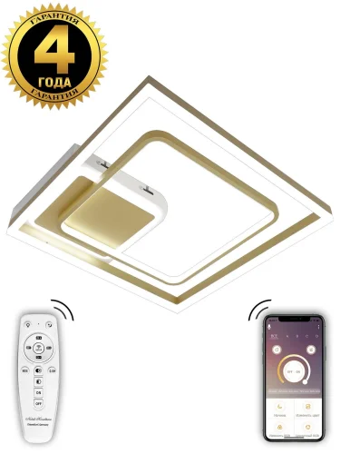 Люстра потолочная с пультом LED LAMPS 81309 Natali Kovaltseva золотая на 1 лампу, основание белое золотое в стиле хай-тек с пультом квадраты