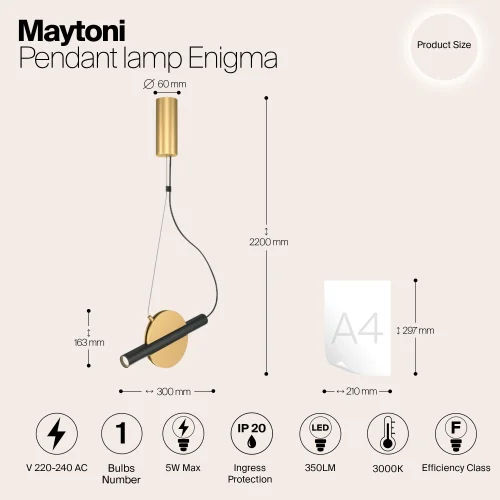 Светильник подвесной LED Enigma MOD150PL-L5BS3K Maytoni чёрный на 1 лампу, основание латунь в стиле современный хай-тек арт-деко фото 7