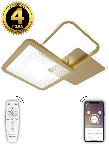 Люстра потолочная с пультом LED LAMPS 81308 Natali Kovaltseva золотая на 1 лампу, основание золотое в стиле хай-тек с пультом квадраты