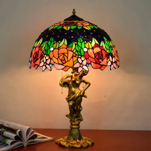 Настольная лампа Тиффани Rose OFT939 Tiffany Lighting разноцветная оранжевая красная зелёная 2 лампы, основание золотое металл в стиле тиффани цветы фото 3