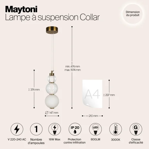 Светильник подвесной LED Collar P069PL-L16G3K Maytoni белый прозрачный на 1 лампу, основание золотое в стиле шар фото 5