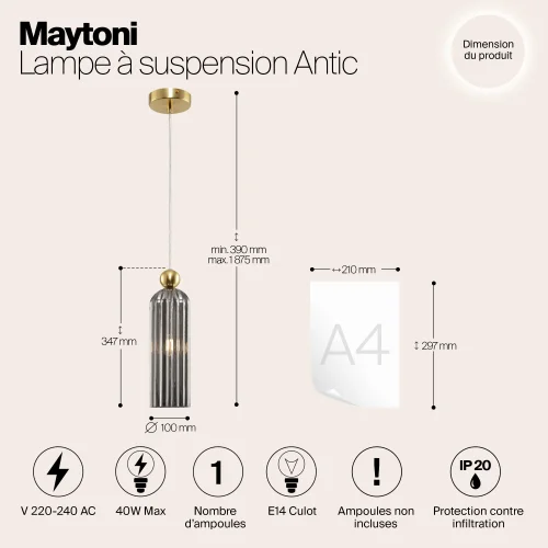 Светильник подвесной Antic MOD302PL-01GR Maytoni серый на 1 лампу, основание золотое в стиле современный фото 5