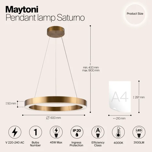 Светильник подвесной LED Saturno MOD415PL-L45BS4K Maytoni латунь на 1 лампу, основание латунь в стиле современный хай-тек кольца фото 5