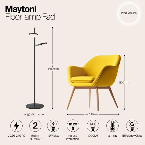 Торшер LED Fad MOD070FL-L12B3K Maytoni чёрный белый на 2 лампы, основание чёрное в стиле современный фото 3