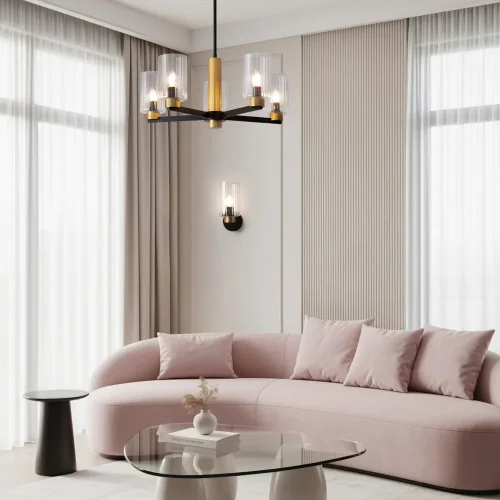 Люстра на штанге Ombre FR2051CL-05BBS Freya прозрачная на 5 ламп, основание чёрное в стиле классический фото 2 Люстра на штанге Ombre FR2051CL-05BBS Freya прозрачная на 5 ламп, основание чёрное в стиле классический фото 2