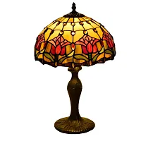 Настольная лампа Тиффани Tulip OFT811 Tiffany Lighting разноцветная красная бежевая зелёная 1 лампа, основание коричневое металл в стиле тиффани цветы