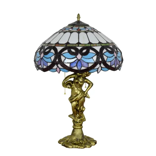 Настольная лампа Тиффани Petunia OFT931 Tiffany Lighting голубая разноцветная коричневая 2 лампы, основание золотое металл в стиле тиффани цветы орнамент фото 5