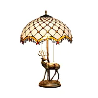 Настольная лампа Тиффани European OFT915 Tiffany Lighting разноцветная коричневая белая 2 лампы, основание бронзовое металл в стиле тиффани орнамент