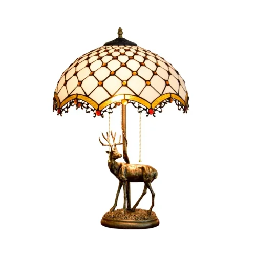 Настольная лампа Тиффани European OFT915 Tiffany Lighting разноцветная коричневая белая 2 лампы, основание бронзовое металл в стиле тиффани орнамент