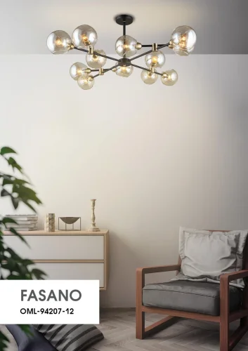 Люстра потолочная лофт Fasano OML-94207-12 Omnilux прозрачная янтарная на 12 ламп, основание чёрное в стиле лофт шар фото 2